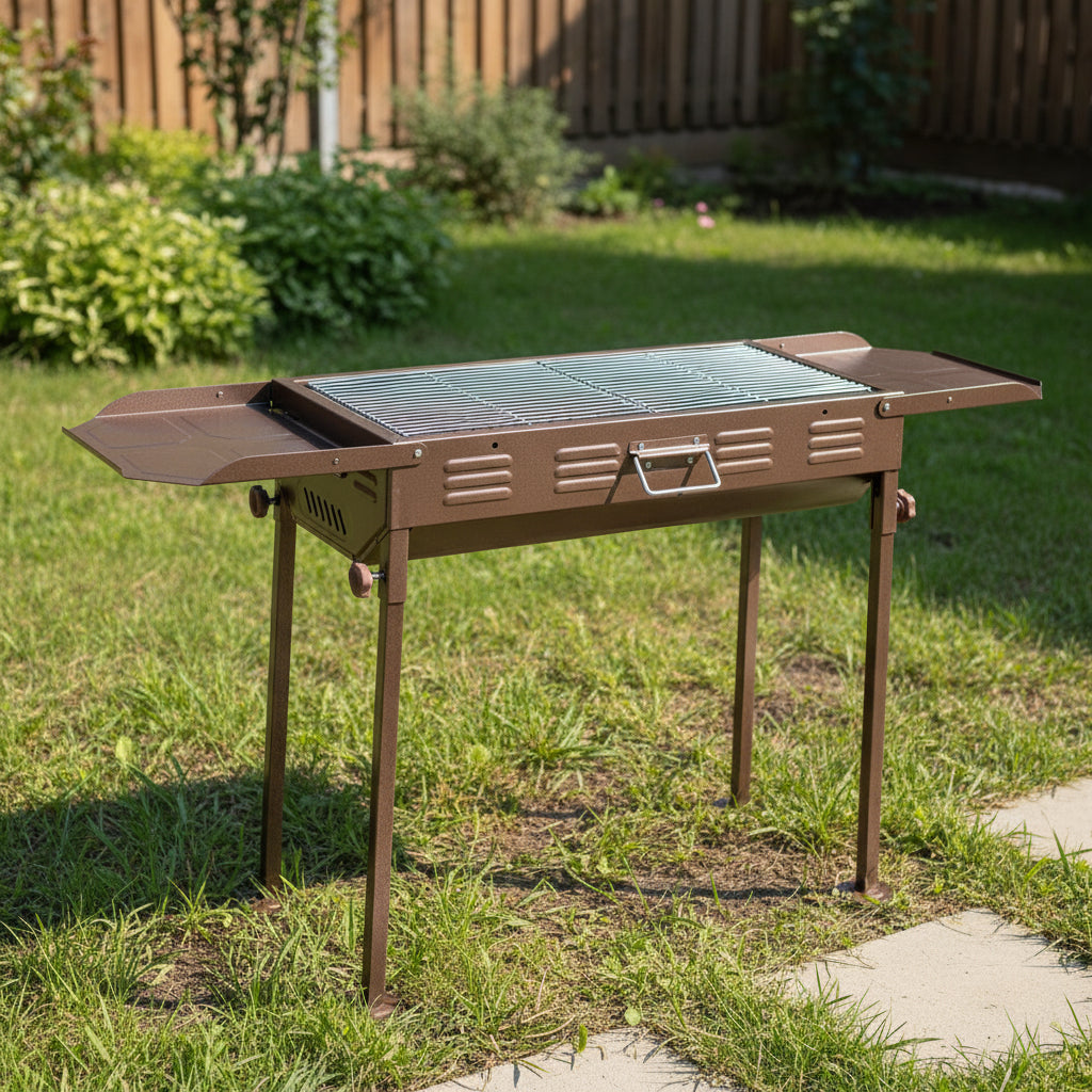 Portable folding charcoal BBQ grill with large grilling area, side trays, and durable metal body, suitable for outdoor cooking for 5 people. 🔥