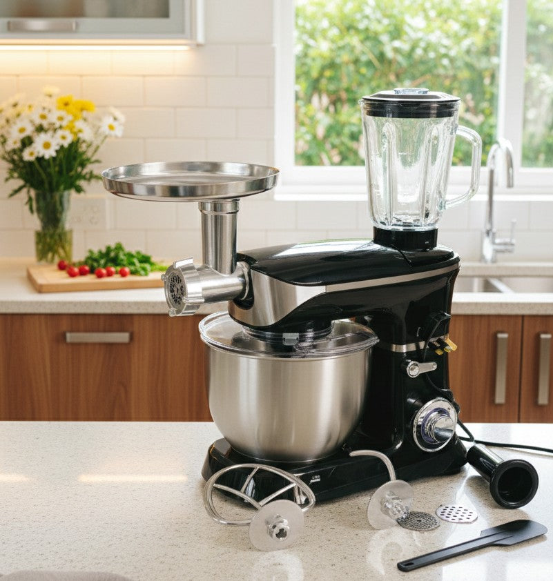 Premier 3-in-1 heavy duty stand mixer with 6.5-litre bowl, functions as mixer, blender, and meat mincer