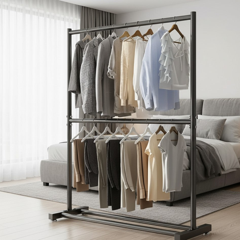 Floor Standing Clothes Rack With Shelves And Hooks