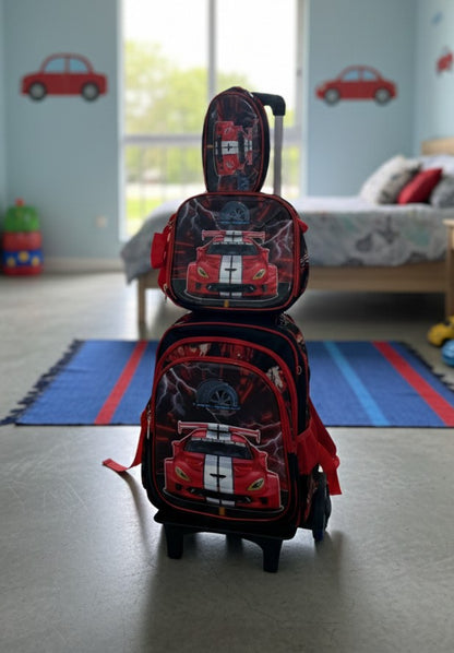 3-in-1 trolley school bag set with cartoon design, including lunch bag and pencil pouch