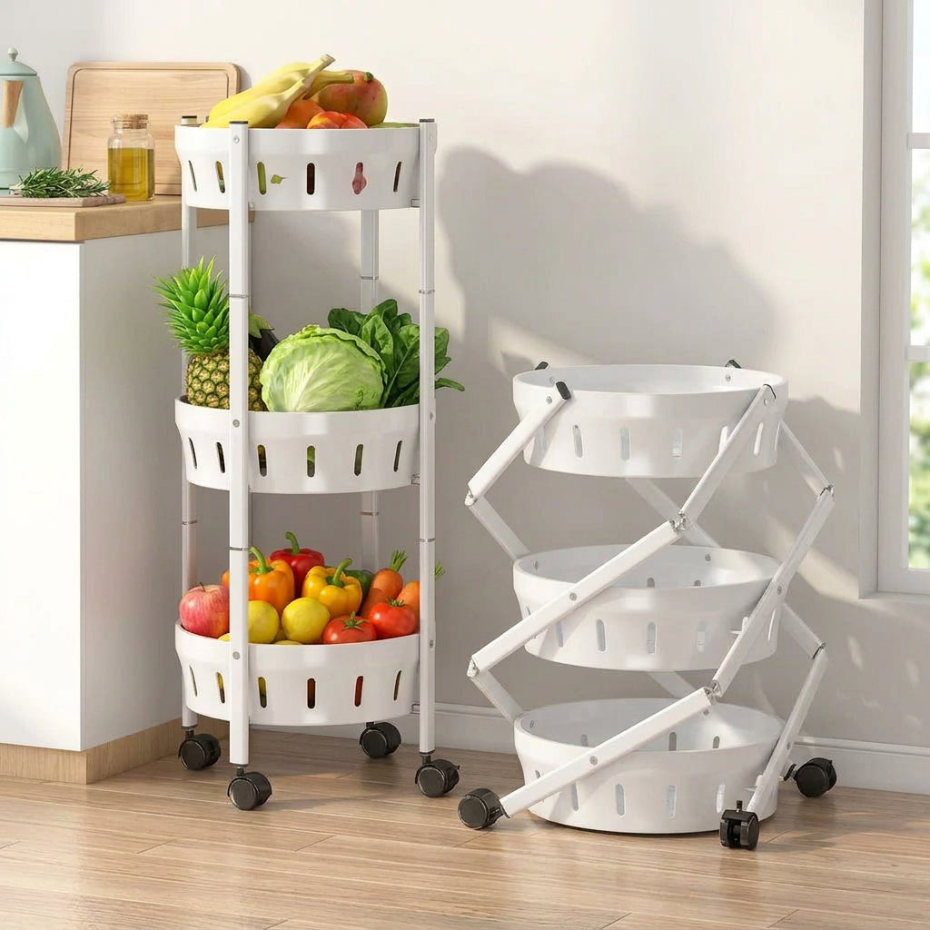 Foldable rotating vegetable and fruit rack with multiple layers and lockable wheels
