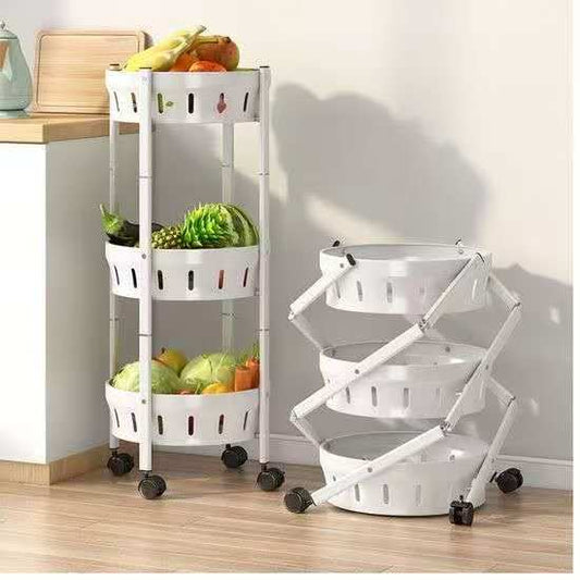 Foldable rotating vegetable and fruit rack with multiple layers and lockable wheels