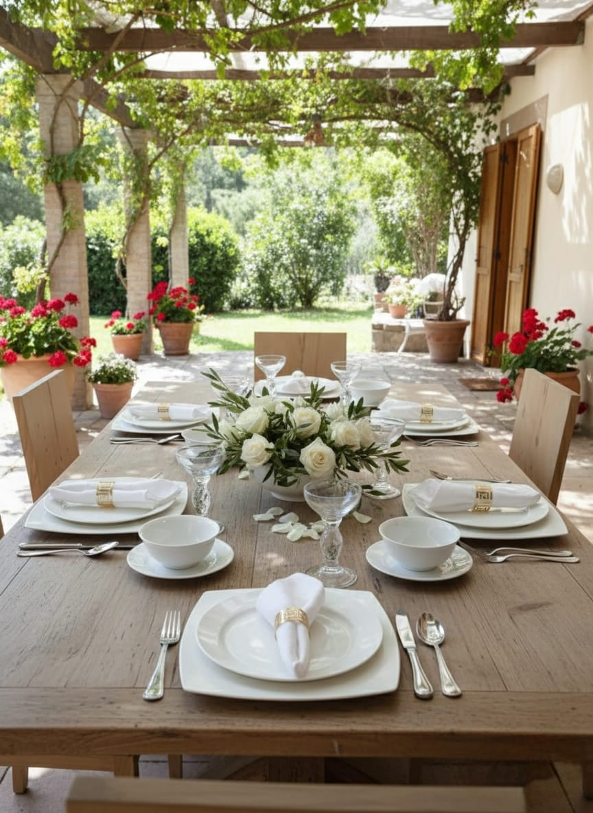 Dinner set with bone china plates, napkins, gold holders, candle holder, and ceramic vase.
