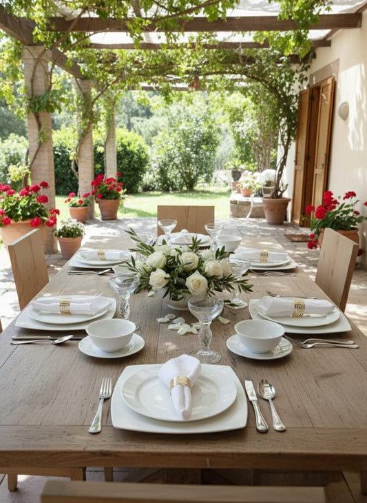 Dinner set with bone china plates, napkins, gold holders, candle holder, and ceramic vase.
