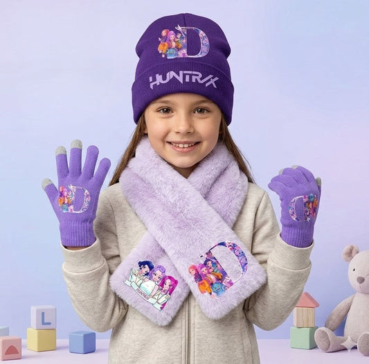 3-piece purple winter set with hat, scarf, and gloves for kids, made from soft plush material