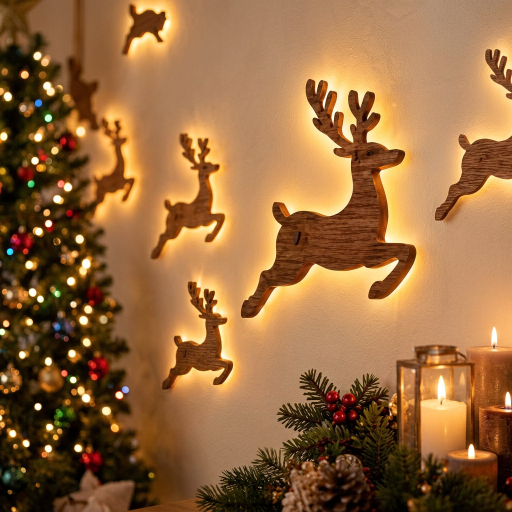 Set of 7 3D Reindeer and Santa Christmas Wall Decorations with Lighting