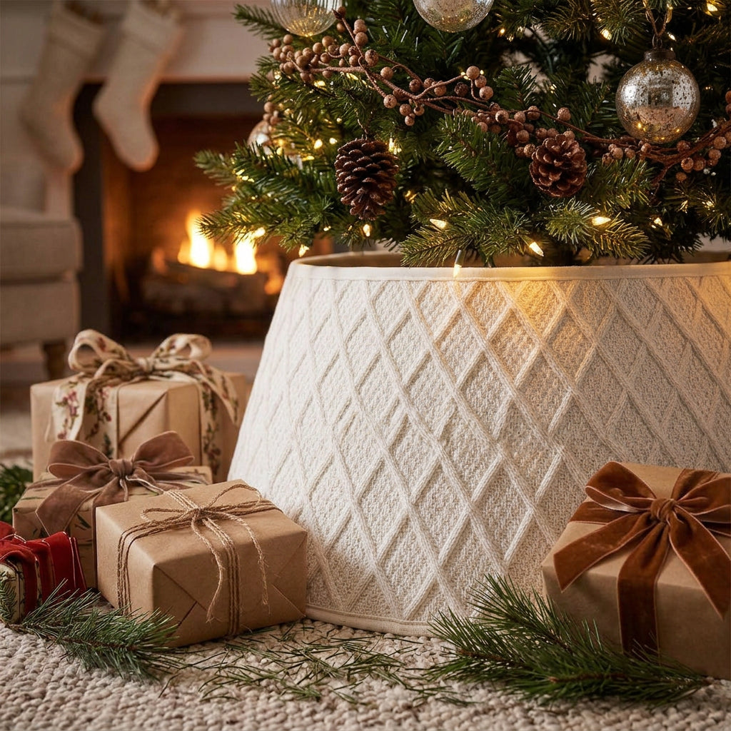 72cm White Plush Christmas Tree Skirt with Quilted Diamond Pattern