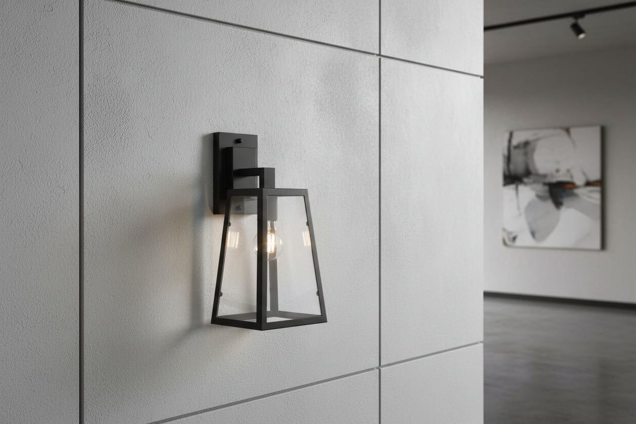 Black rectangular outdoor wall lantern with clear glass panes, E27 IP44 weatherproof lighting fixture