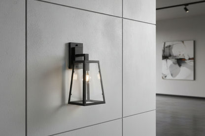 Black rectangular outdoor wall lantern with clear glass panes, E27 IP44 weatherproof lighting fixture
