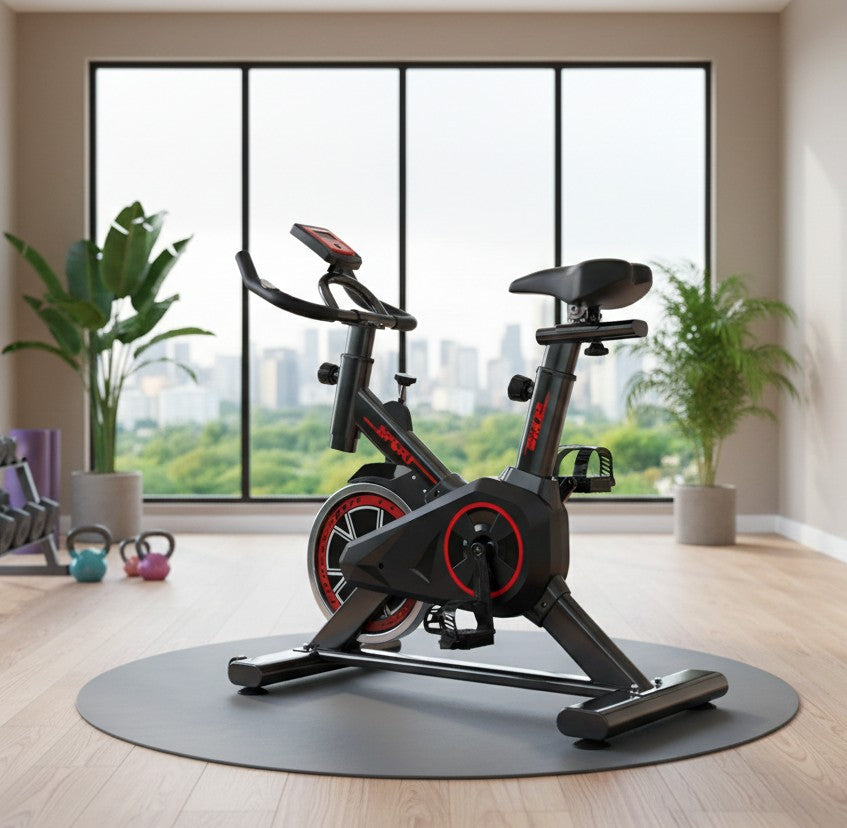 Portable indoor spin bike with adjustable seat, sensors, and transport wheels for home fitness