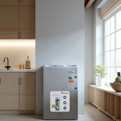mar silver 90l single door fridge with lock, glass shelf, and freezer compartment