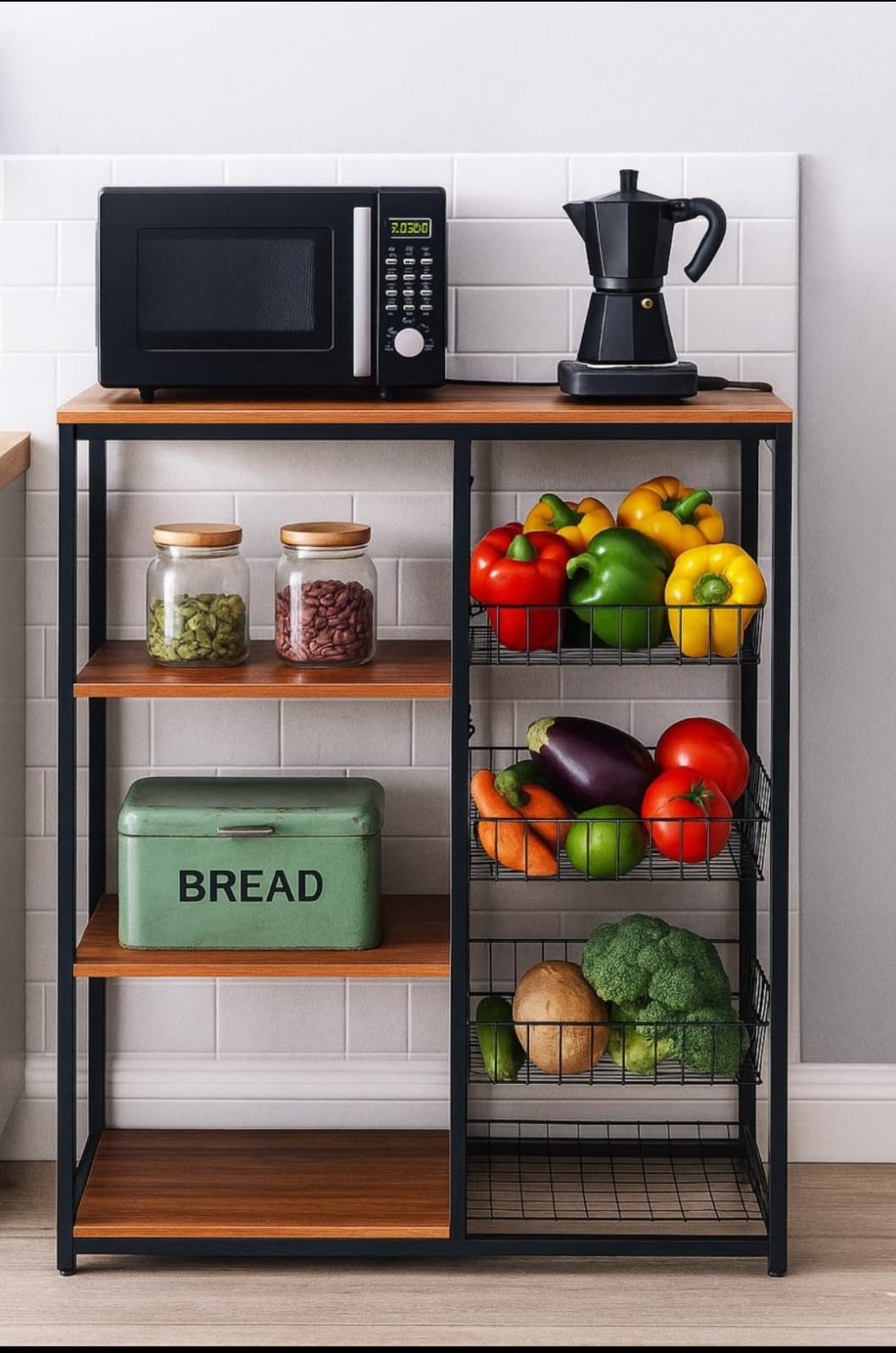 Wood and metal multipurpose kitchen and office storage cabinet, 90×30×122 cm.