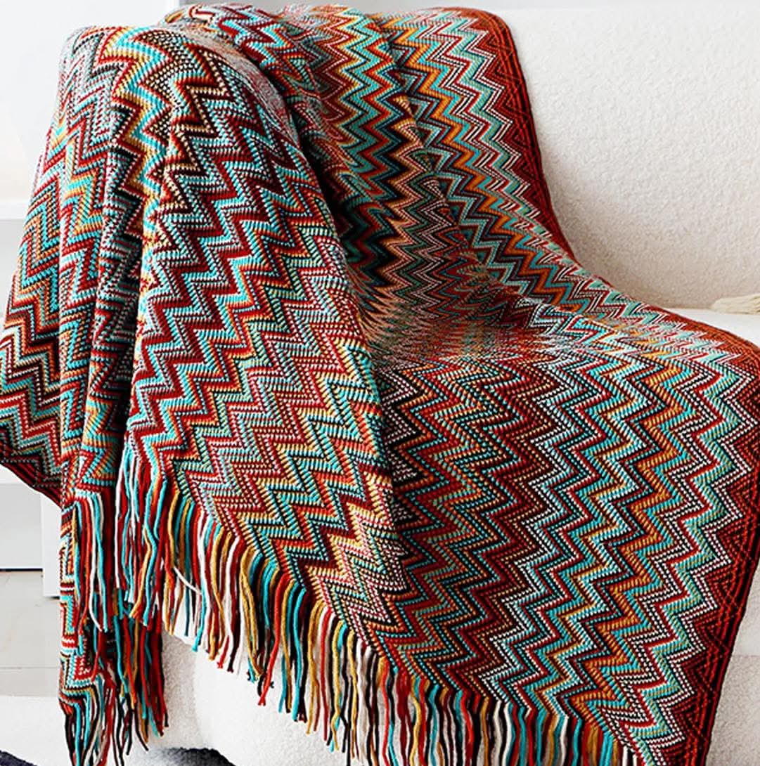 Boho Chenille Knit Throw Blanket with Tassels