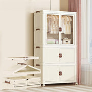 White stackable 3-level portable plastic wardrobe for hanging clothes.