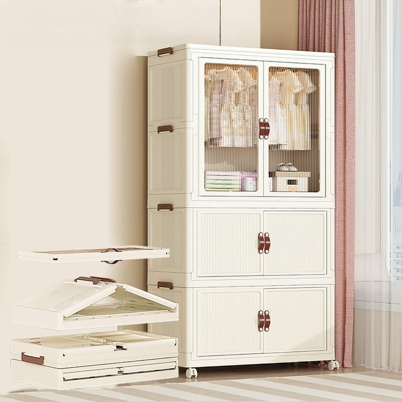 White stackable 3-level portable plastic wardrobe for hanging clothes.