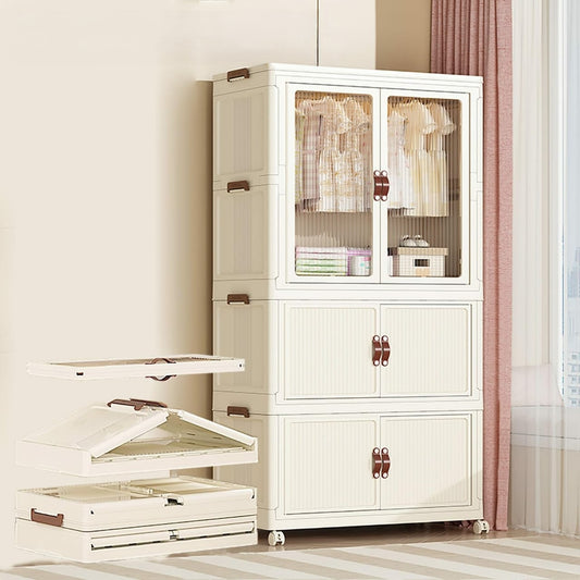 White stackable 3-level portable plastic wardrobe for hanging clothes.