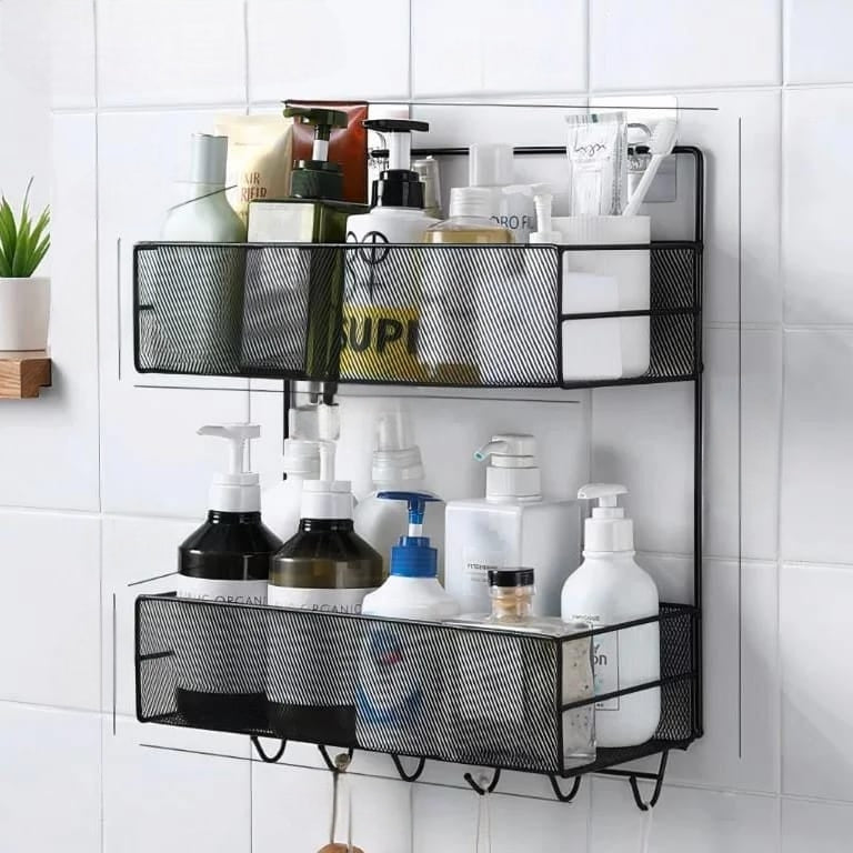 2-Layer Wall-Mounted Bathroom Shelf With Hooks