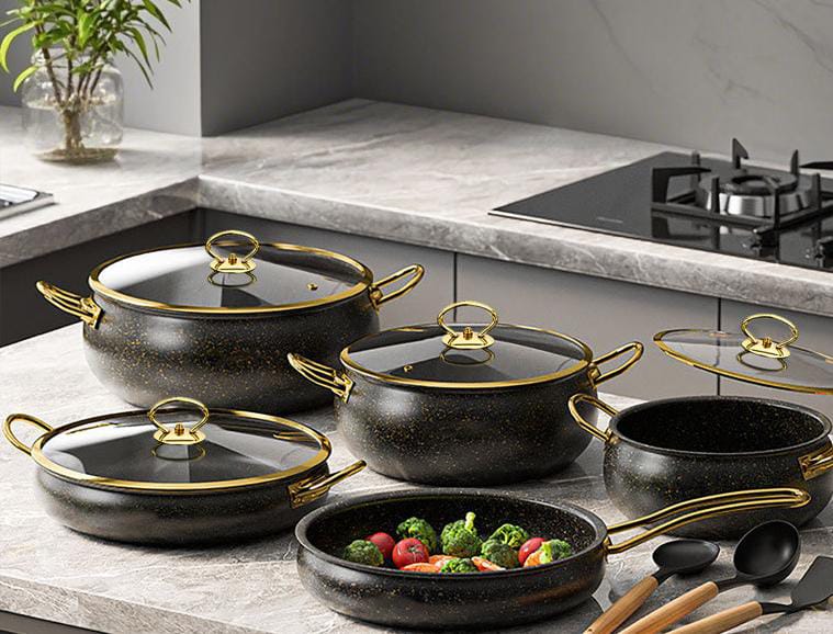 Donnor 11-piece black granite cookware set with gold ring accents and non-stick coating