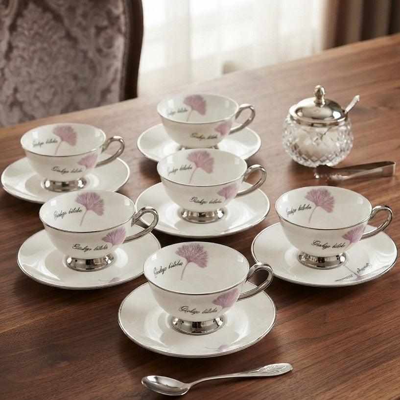 Bone China Cup and Saucer Set with Gold Stand