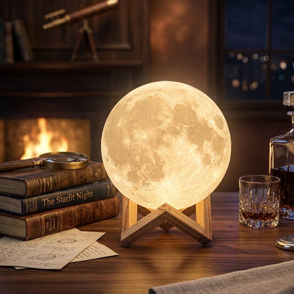 3D Printed Moon Lamp Lunar Night Light with Wooden Stand