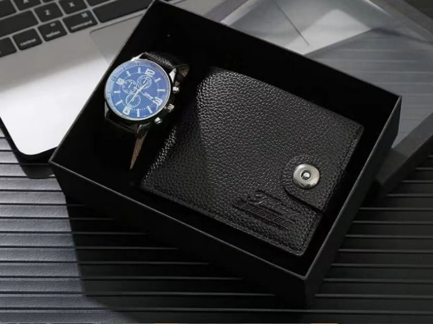 Men’s gift set with stylish watch and durable wallet.
