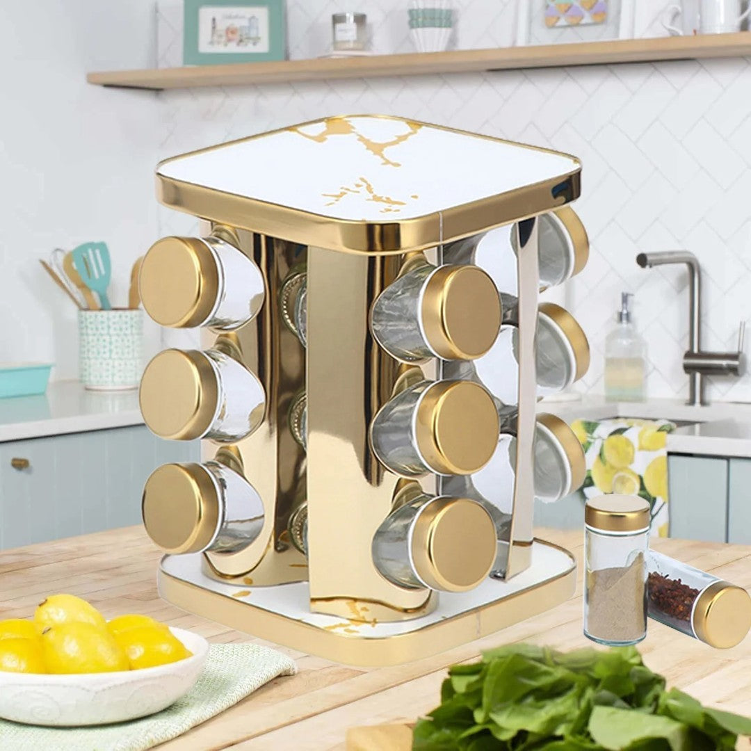 Rotating Spice Rack With 12 Glass Jars