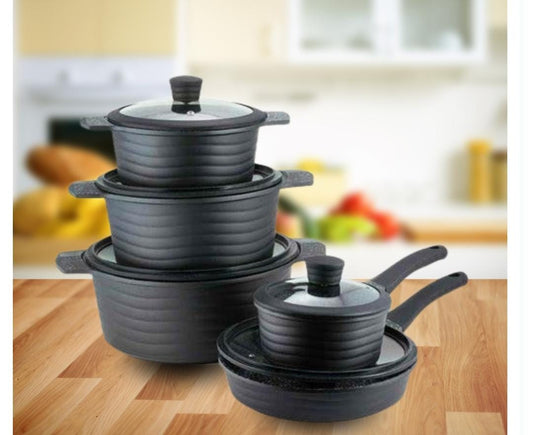 Black 10-piece non-stick cookware set with pots and pans