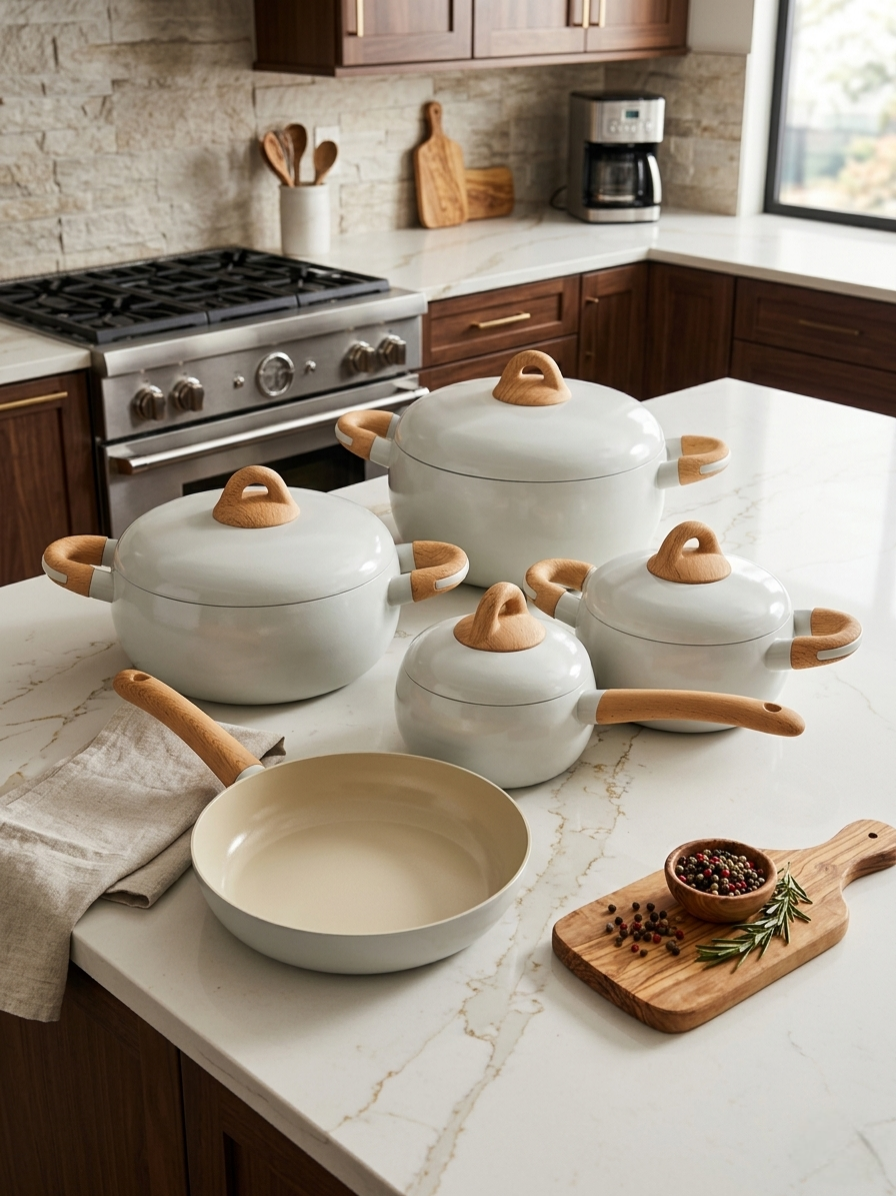 9 Piece forged aluminium ceramic cookware set with non stick coating including pots and frying pan