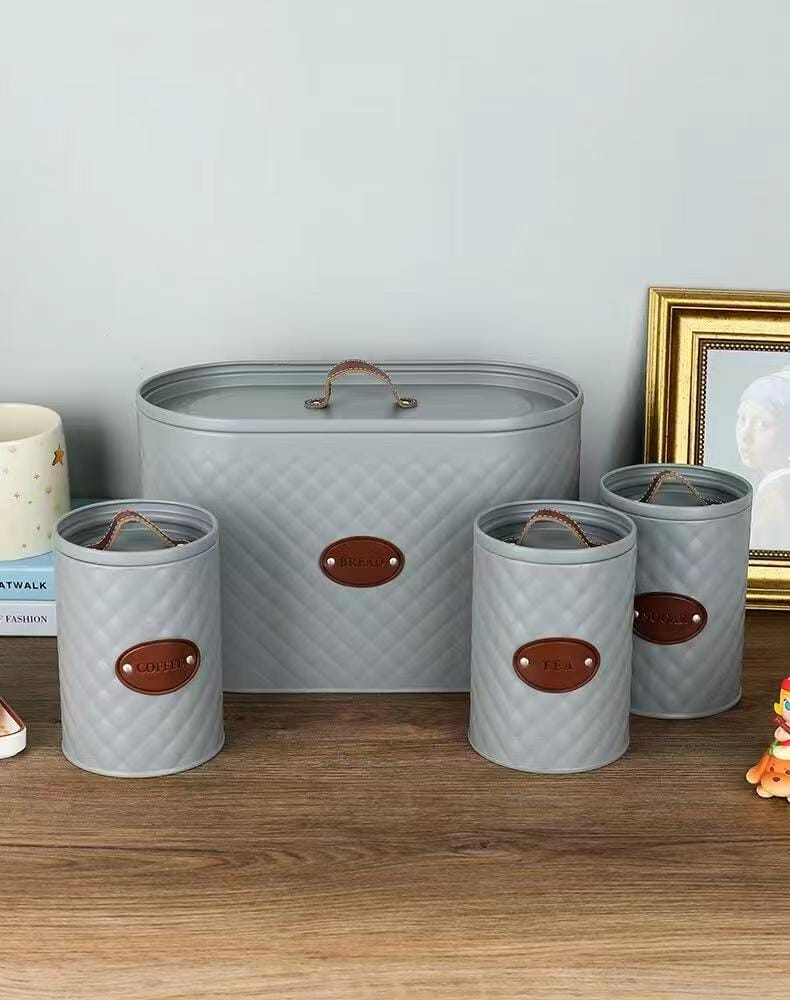 4 Piece Quilted Metal Bread Bin and Canister Set