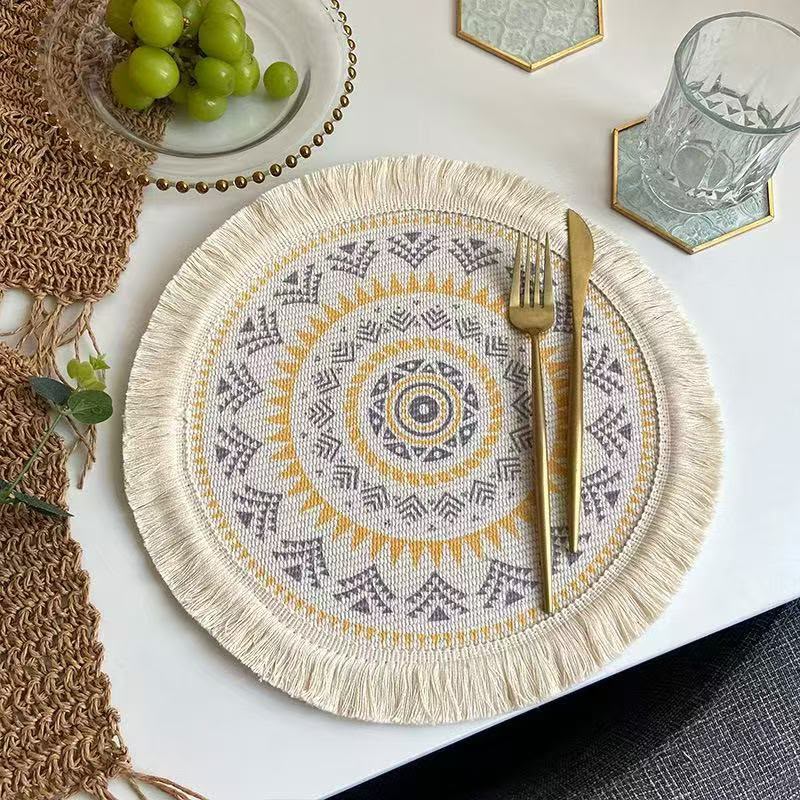 6 piece set of round boho woven placemats for protecting dining tables from heat and scratches while adding stylish table décor.