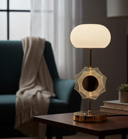 Decorative table lamp with white glass shade and illuminated centre design soft warm lighting for bedroom living room office desk and home décor 15x15x34cm.