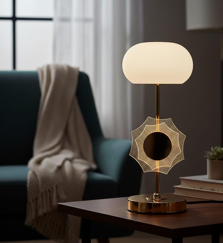Decorative table lamp with white glass shade and illuminated centre design soft warm lighting for bedroom living room office desk and home décor 15x15x34cm.
