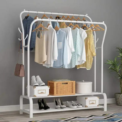 Curved Double Clothes Rack with 2 Bottom Shelves