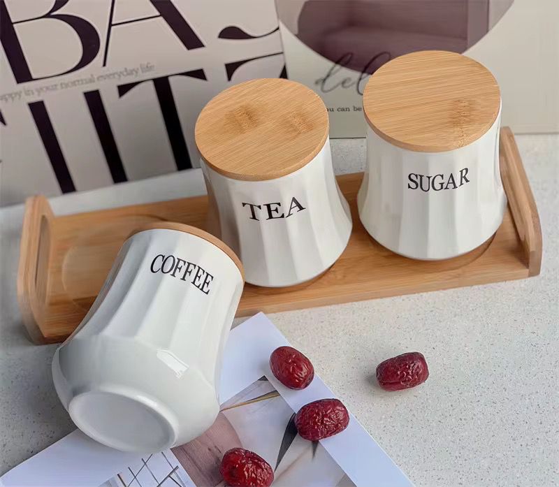 Ceramic Canister Set With Bamboo Lids And Stand