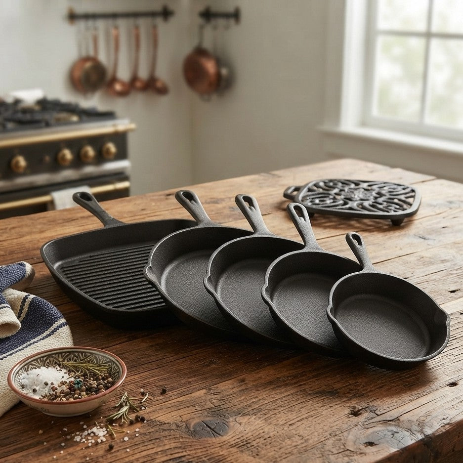 5 piece heavy gauge cast iron skillet set with 24 cm steak pan and four round pans in 21 cm, 16.5 cm, 15 cm, and 11.5 cm sizes.