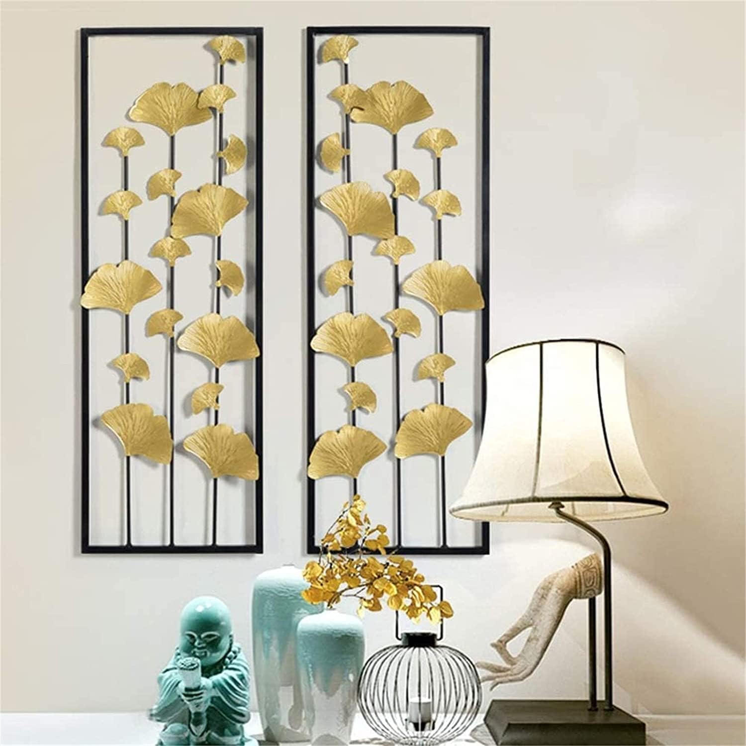 Large gold ginkgo leaf metal wall art hanging, elegant decorative wall piece for modern home décor. 