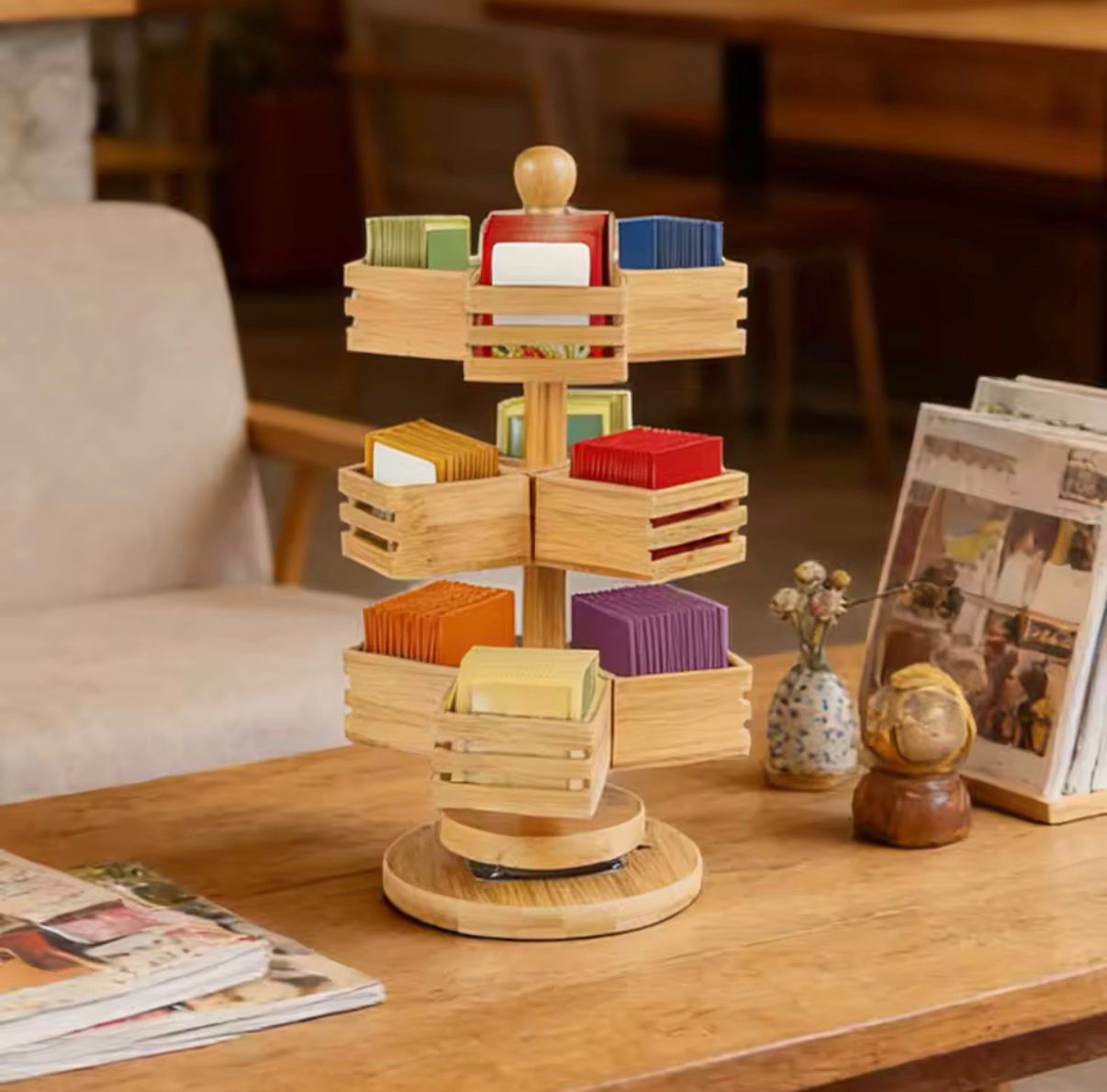 3-Tier Rotating bamboo tea bag organizer with 360-degree spinning base