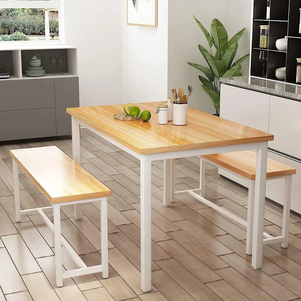 4-Seater Dining Table Set with 2 Benches
