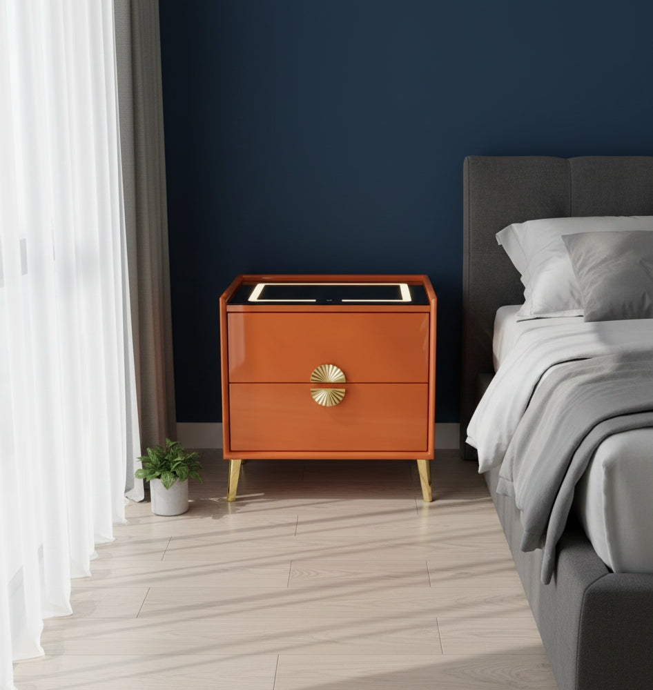 Wooden bedside cabinet with LED black glass top and storage drawer.