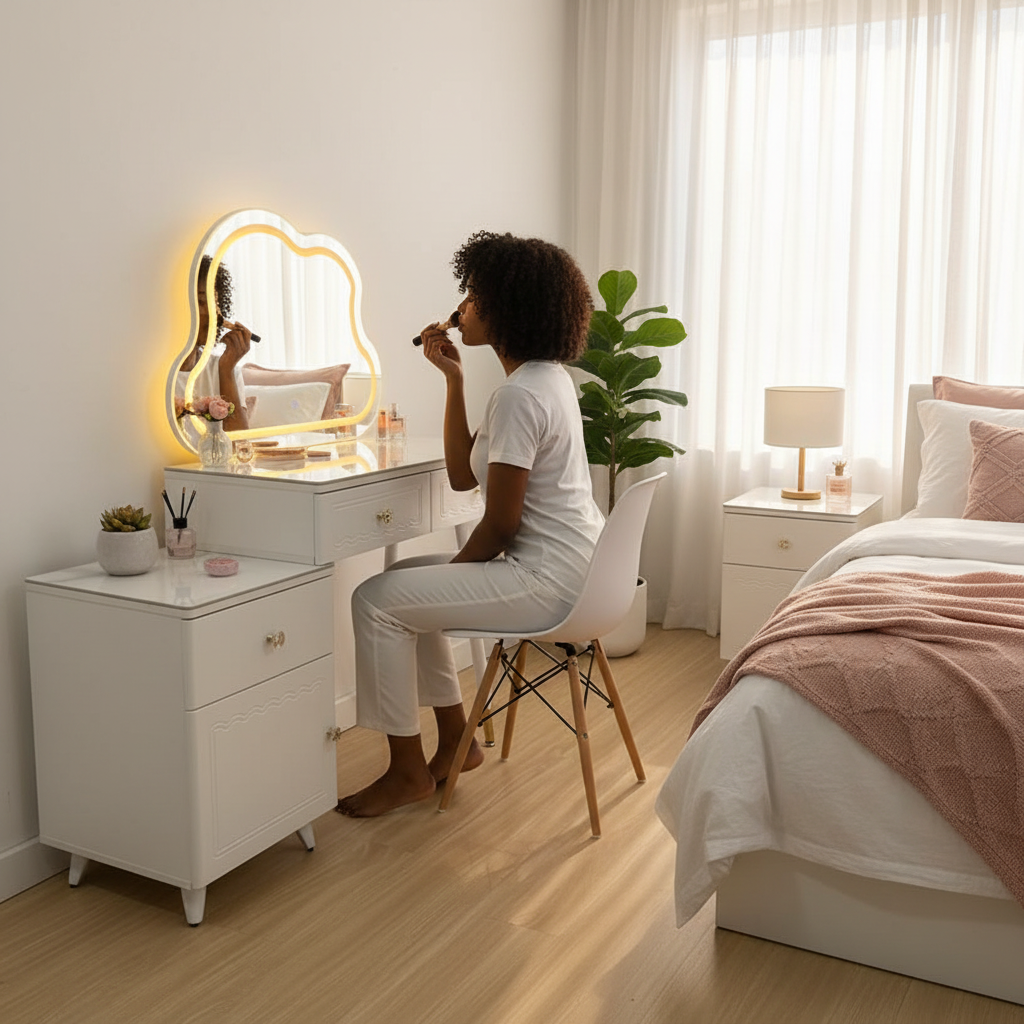 White vanity table with cloud-shaped LED mirror, marble-pattern tabletop, two drawers, and detachable storage