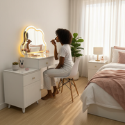 White vanity table with cloud-shaped LED mirror, marble-pattern tabletop, two drawers, and detachable storage