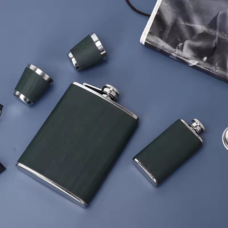 Leather-Covered Whiskey Flask Gift Set