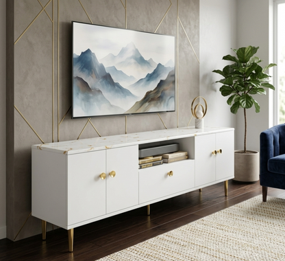 6 Ft White TV Stand With Marble Top