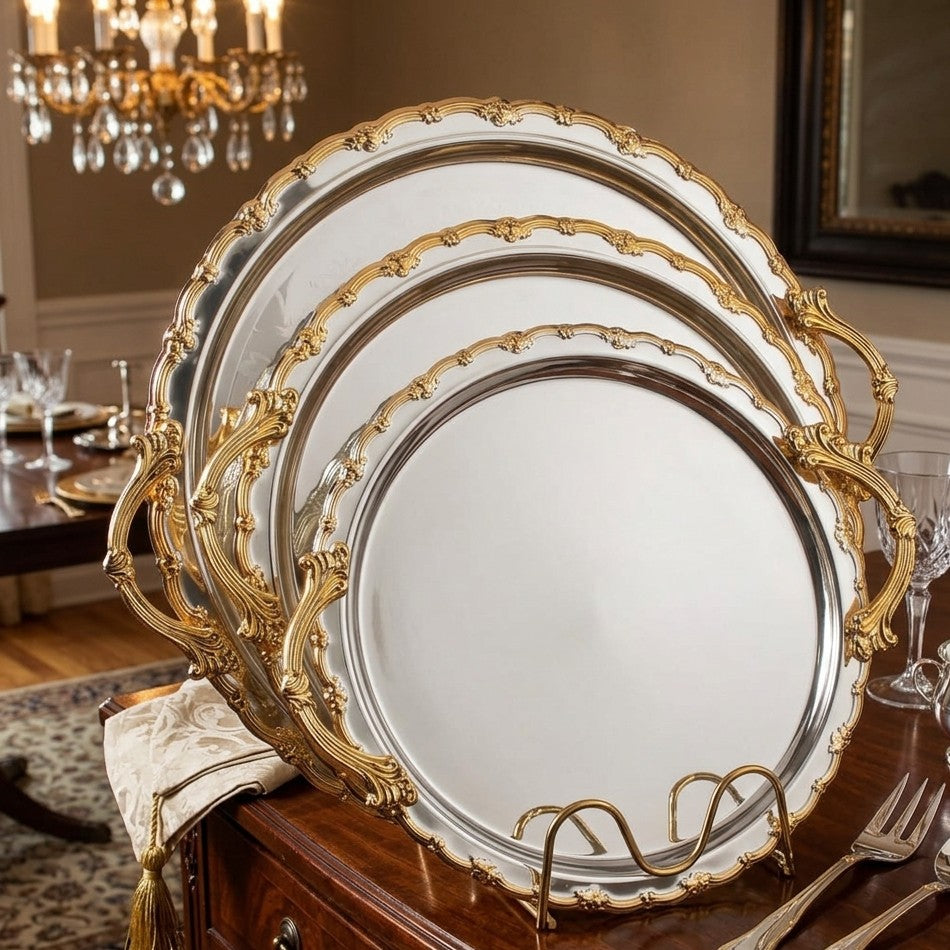 3pcs Round Gold Plated Serving Tray Set