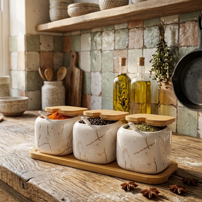 3pcs white ceramic condiment set with lids, spoons, and tray for stylish kitchen organization.