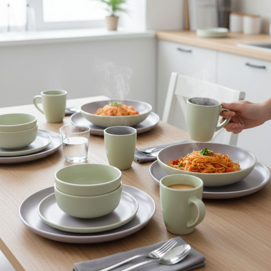 24-piece Ceramic dinner set with dinner plates, side plates, soup bowls, and tea mugs.
