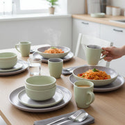 24-piece Ceramic dinner set with dinner plates, side plates, soup bowls, and tea mugs.