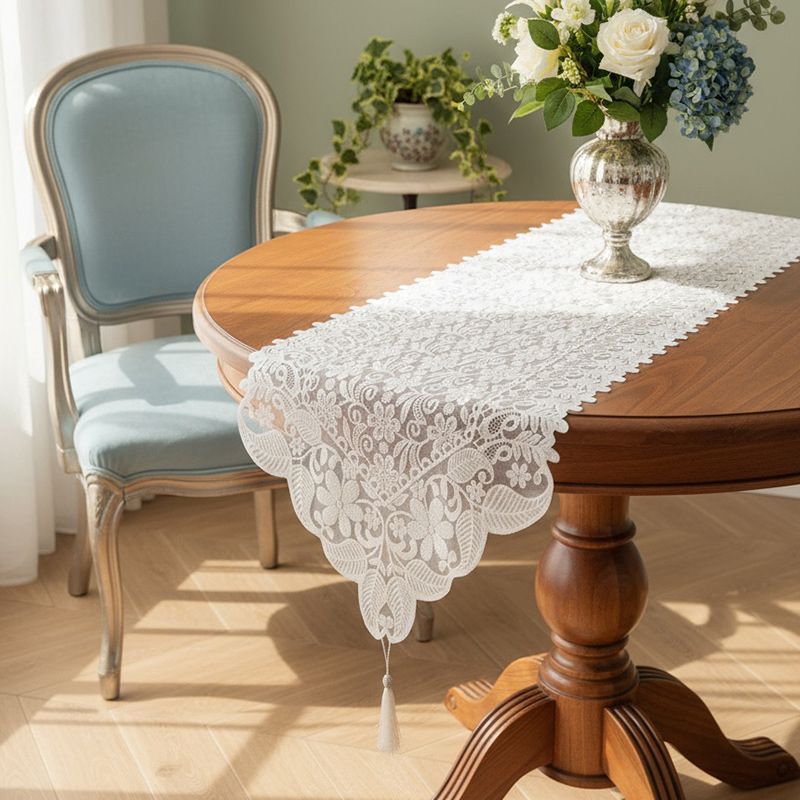 White embroidered French lace table runner 40 by 260 cm, elegant decorative cloth for dining tables and furniture.