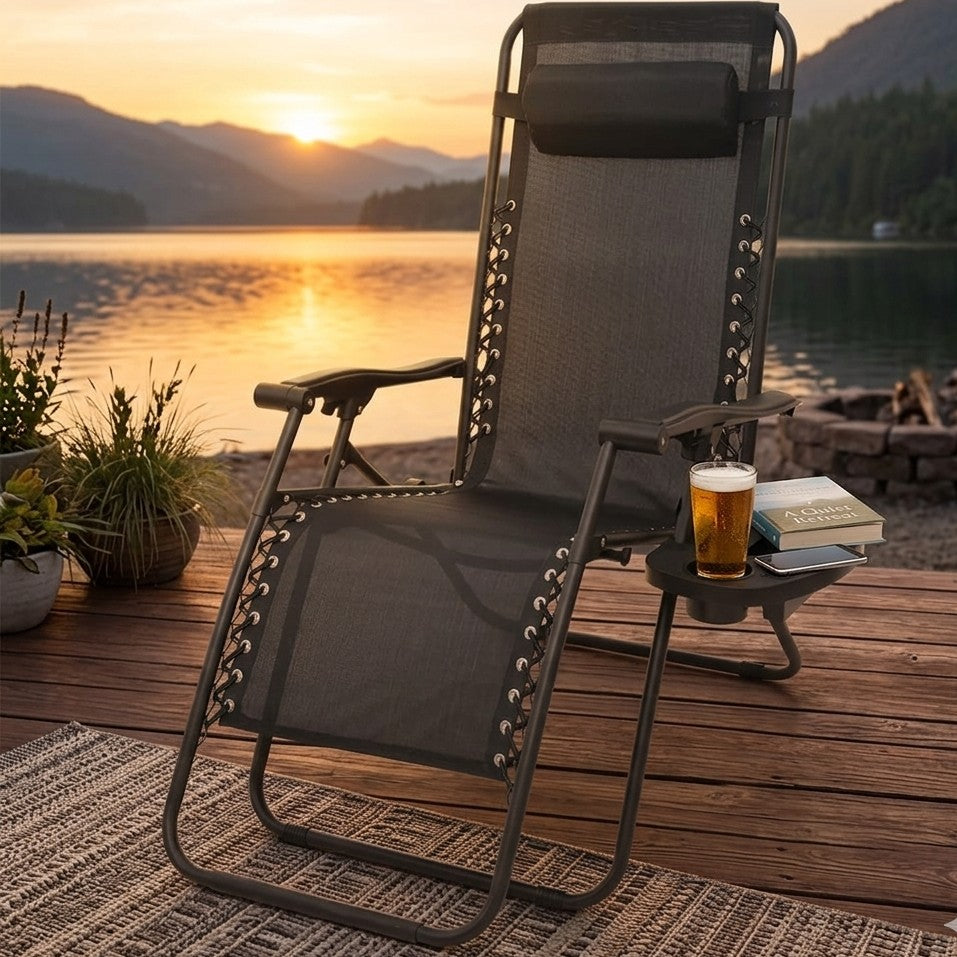 Adjustable zero gravity recliner folding chair with cup holder for outdoor and indoor relaxation.