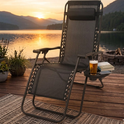 Adjustable zero gravity recliner folding chair with cup holder for outdoor and indoor relaxation.
